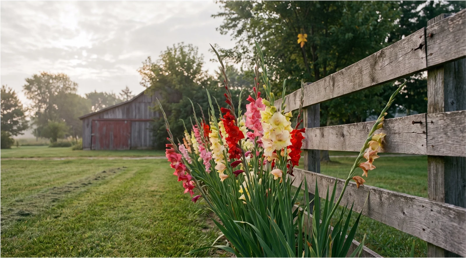 Wide view of a gladiolus row with spikes standing above a four-foot garden fence for scale