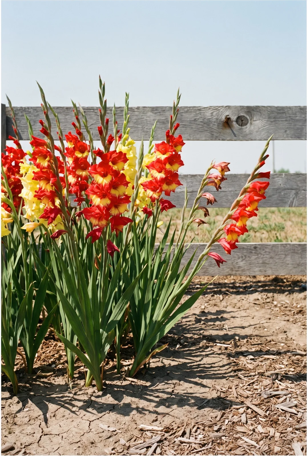 Gladiolus spikes in full bloom in an open sunny bed with no shade and sharp shadows on the soil