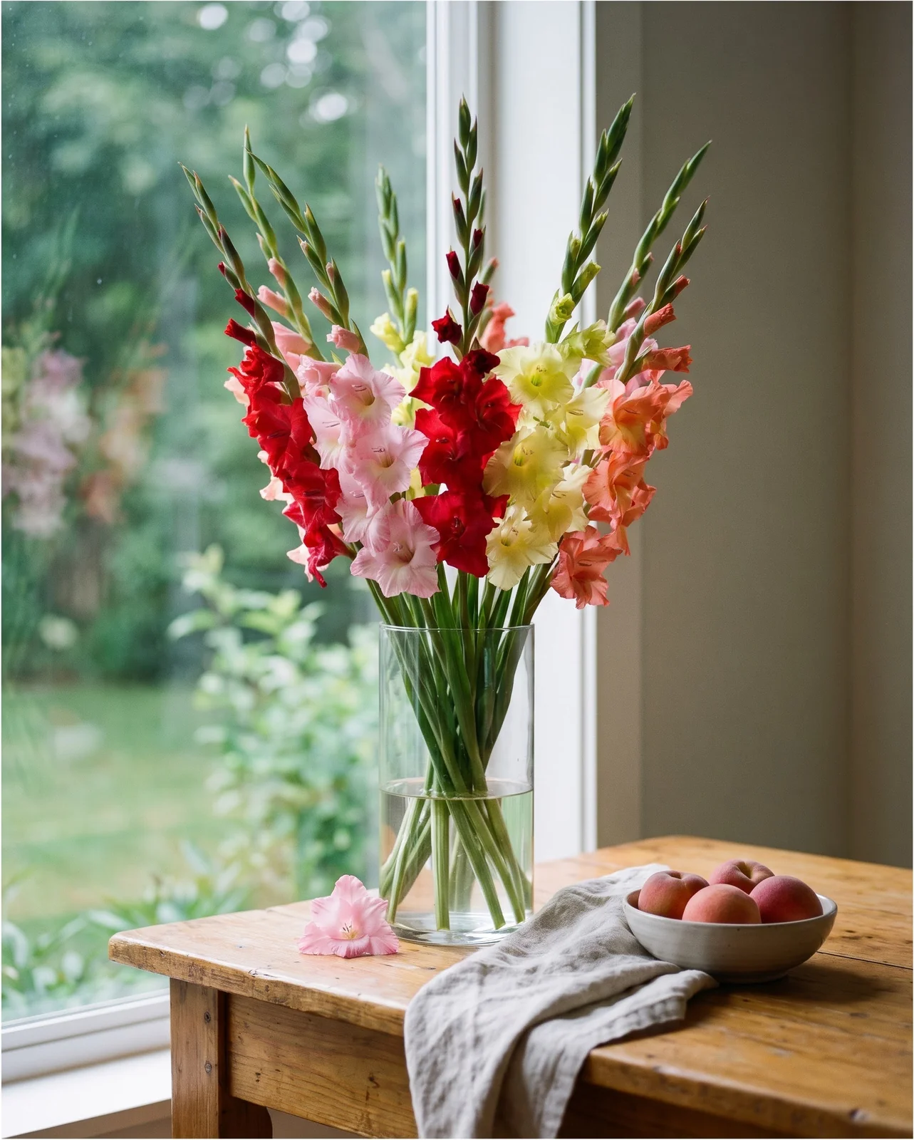 A bouquet of gladiolus spikes in mixed colors in a tall glass vase on a wooden table by a window in August
