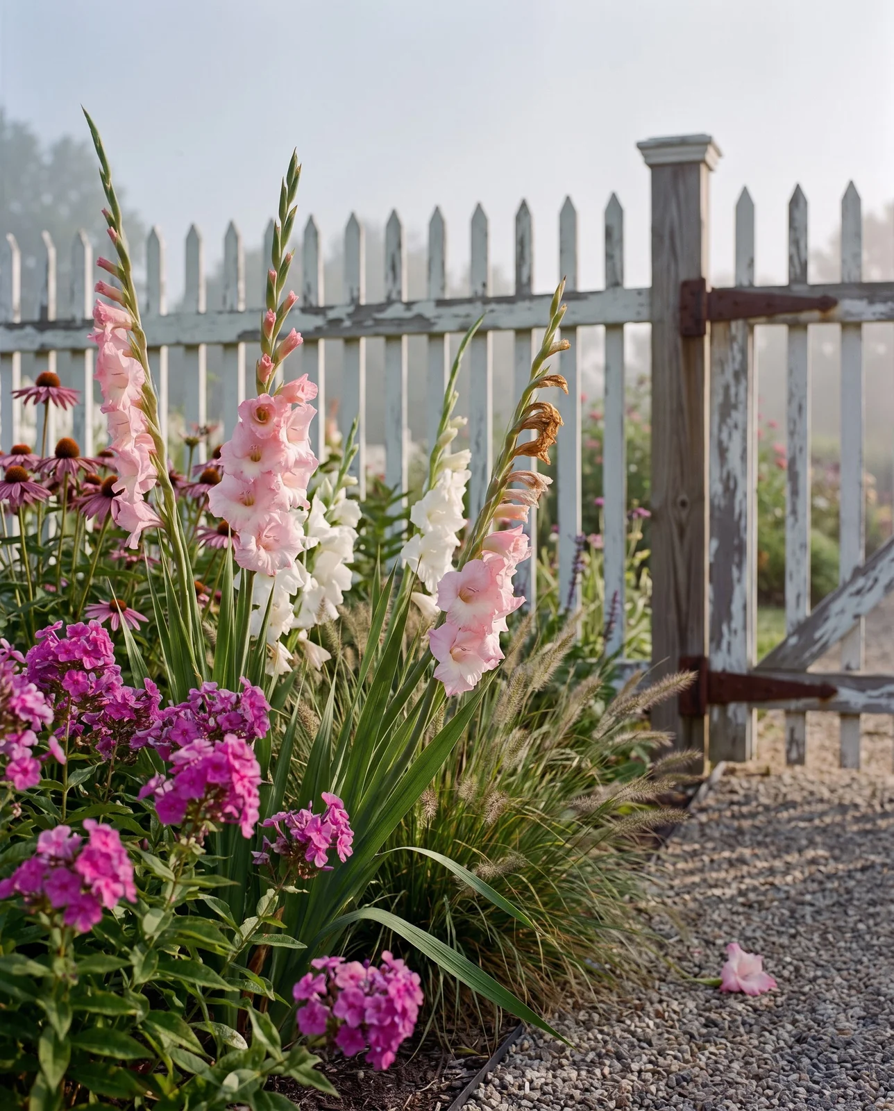 Gladiolus spikes mixed among perennials in a cottage garden bed with phlox and coneflowers in summer