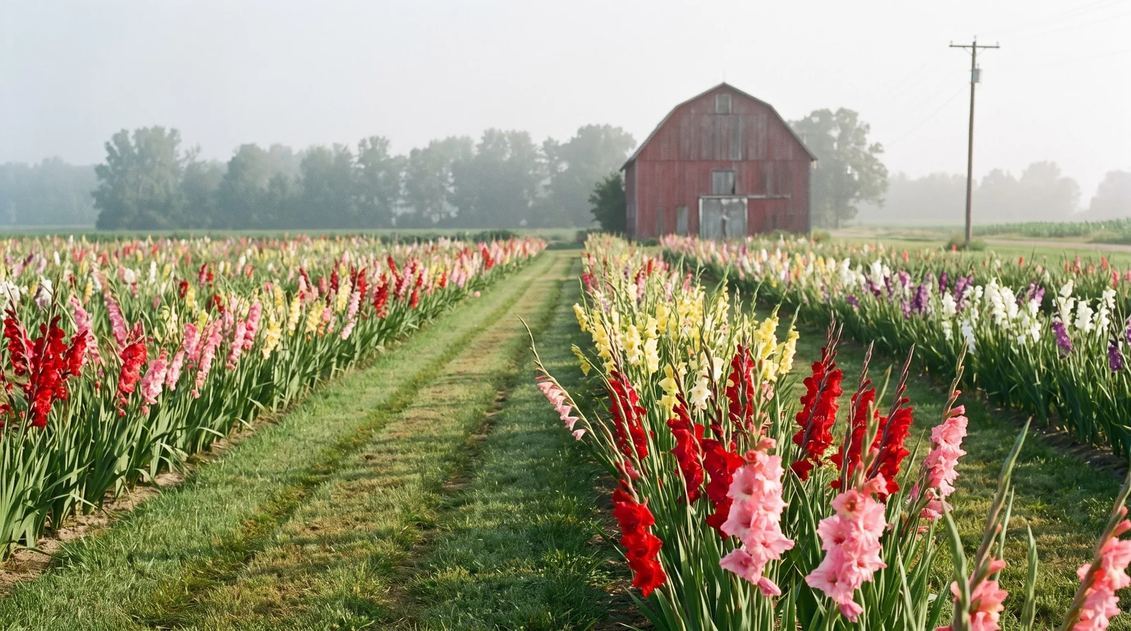 Wide view of long rows of gladiolus in many colors on a flower farm with a barn and tree line in summer
