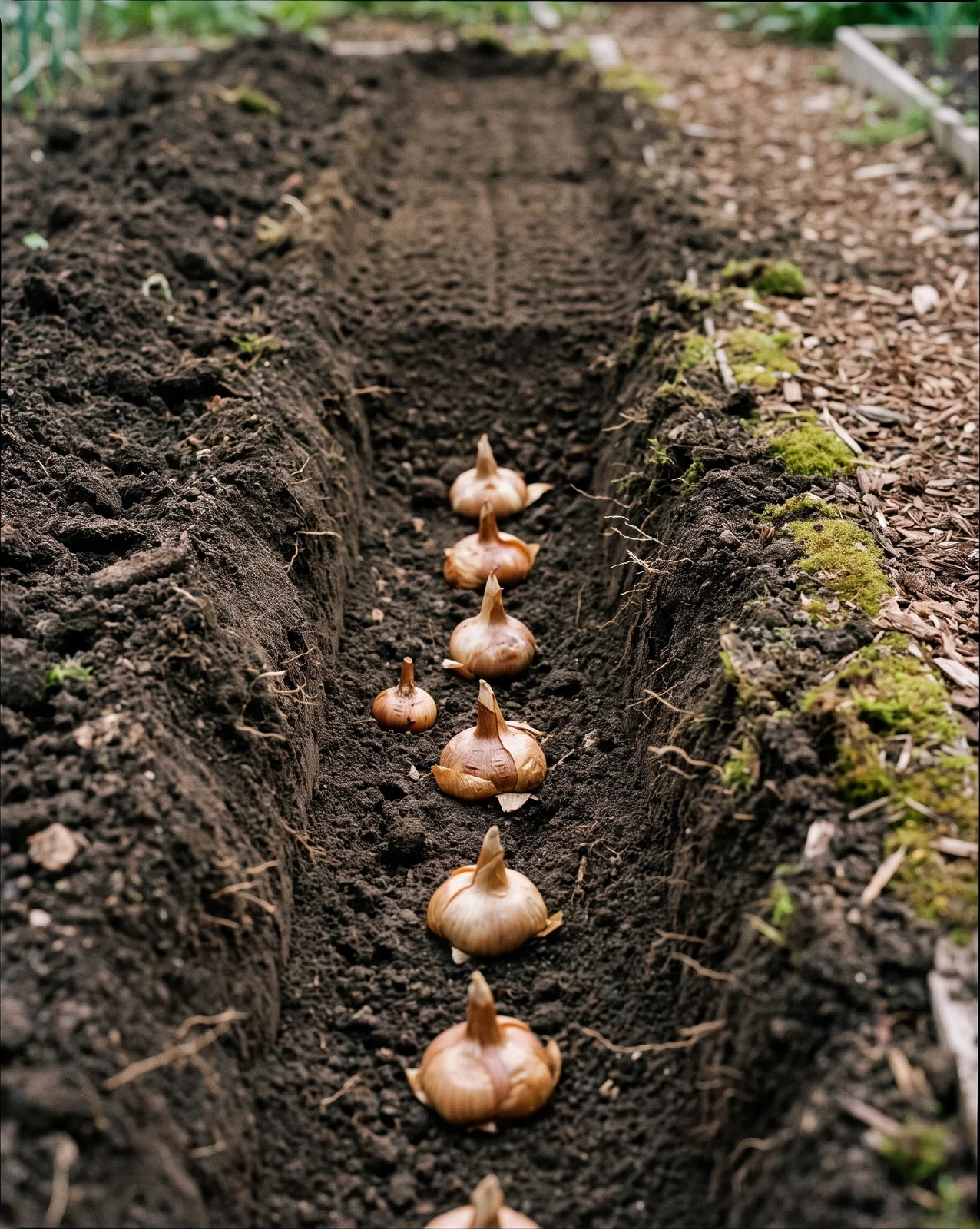 Gladiolus corms set pointed end up in a shallow trench in dark soil with a few already covered