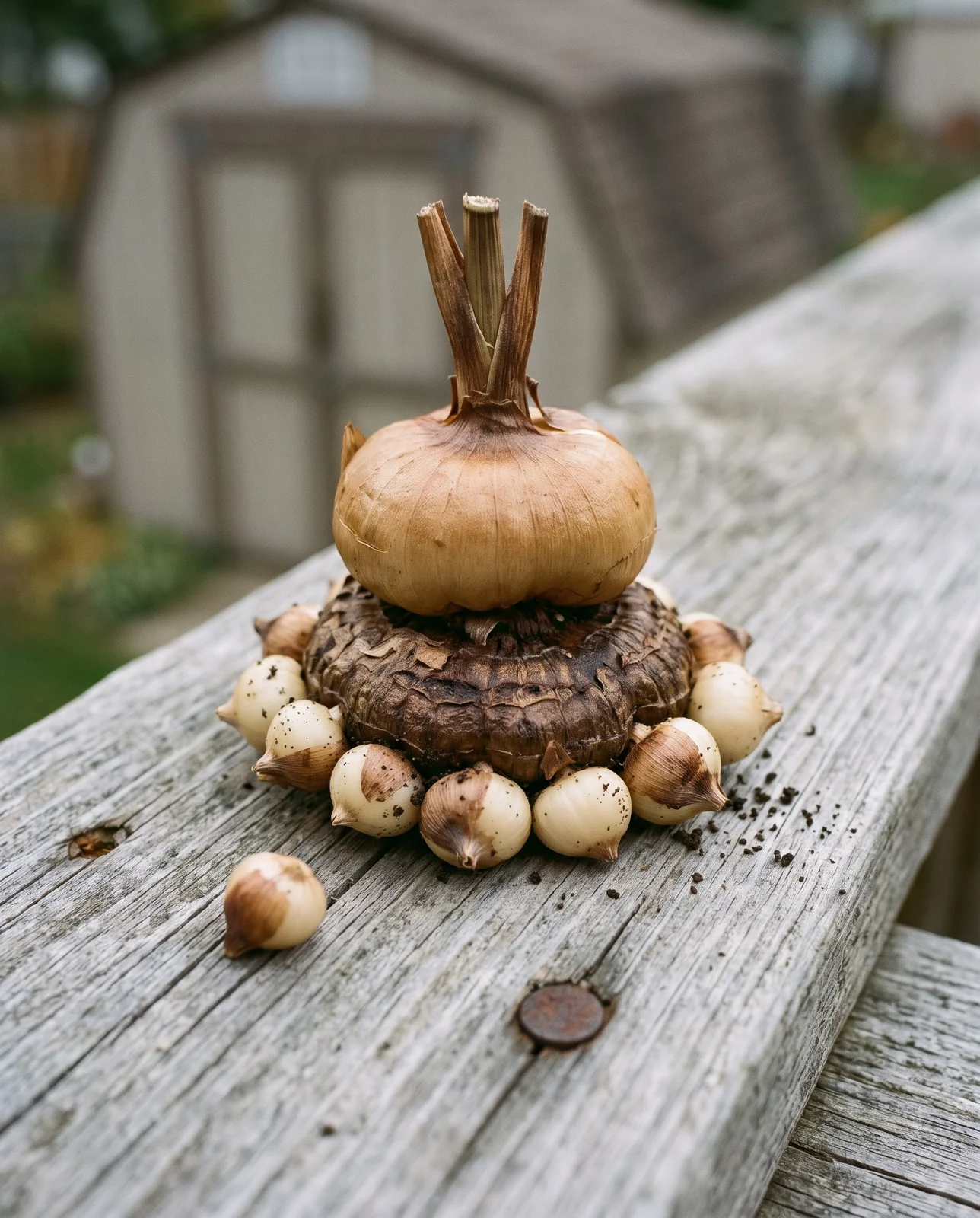 A lifted gladiolus corm with a ring of pea-sized cormels clustered around its base on a board