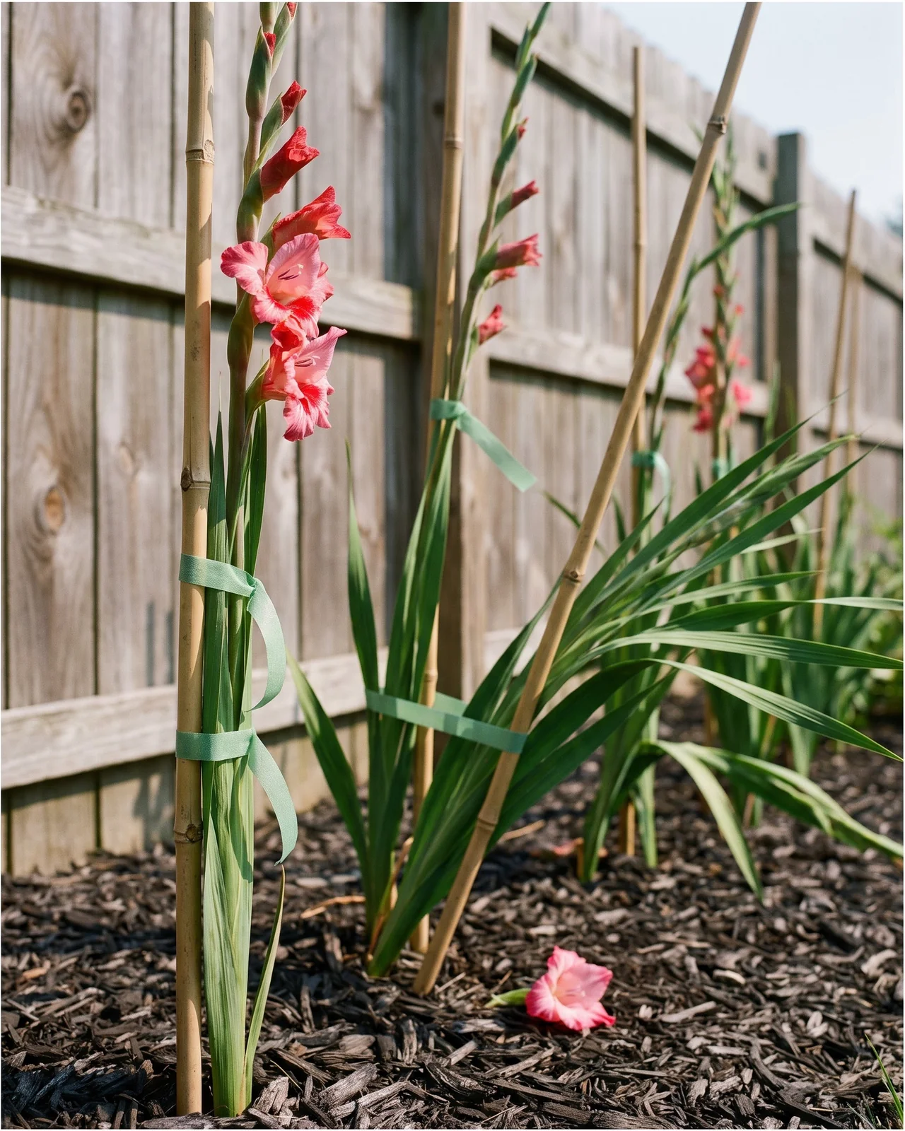 Tall gladiolus spikes each tied to a bamboo stake with soft ties in a windy garden bed