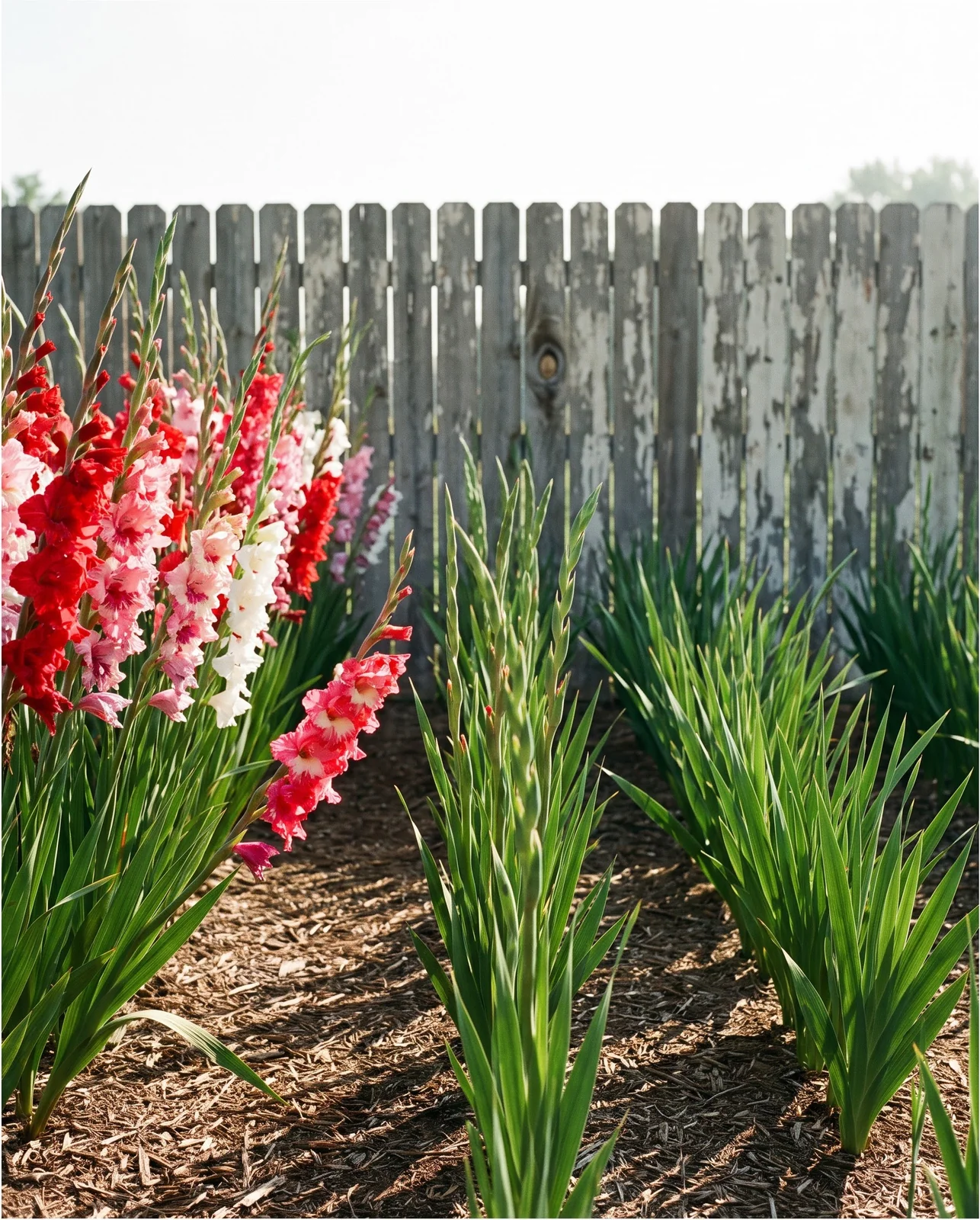Three short rows of gladiolus at different heights side by side: blooming, budding and just sprouted