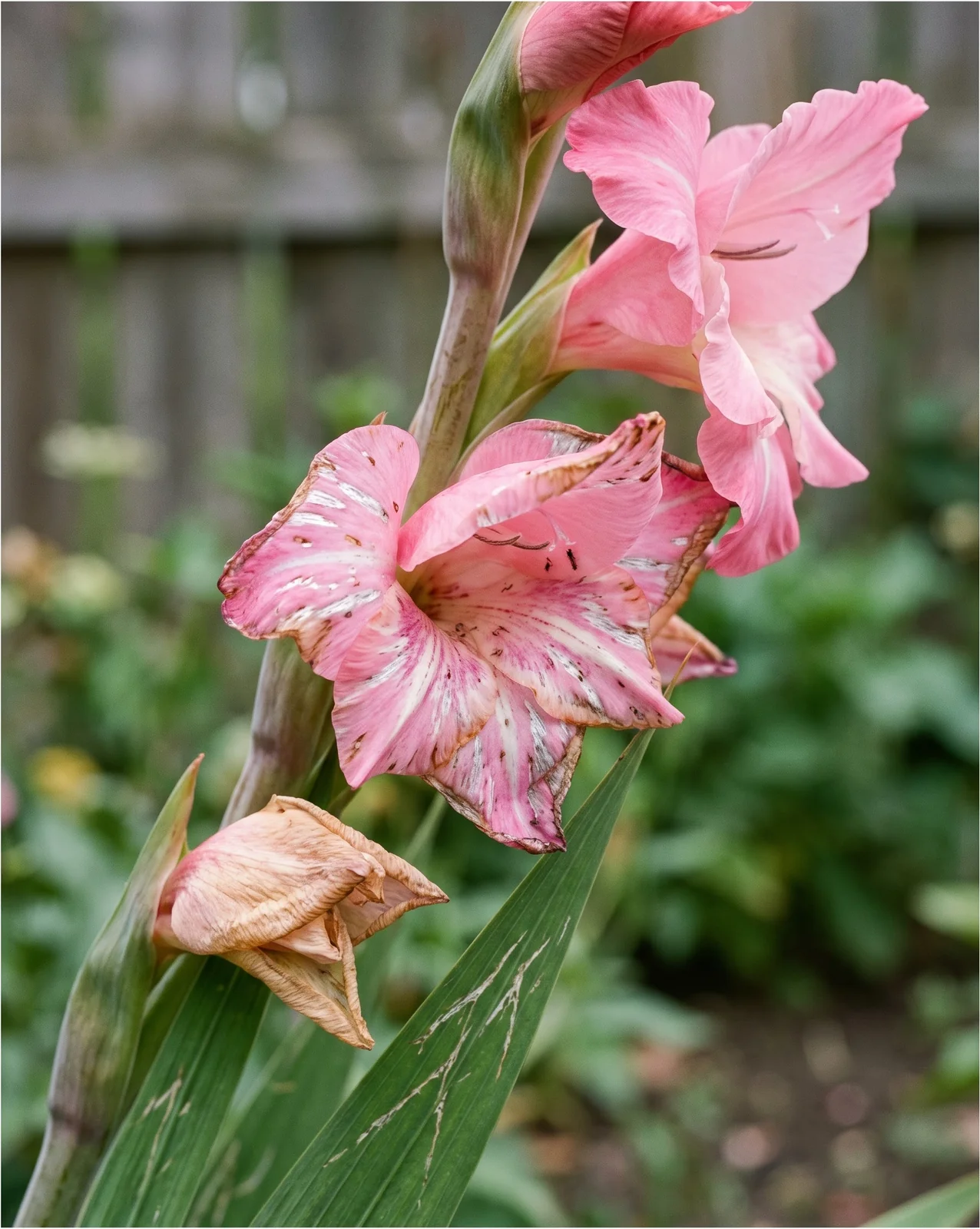 Close view of gladiolus florets with silvery streaks and brown flecks from thrips feeding on the petals
