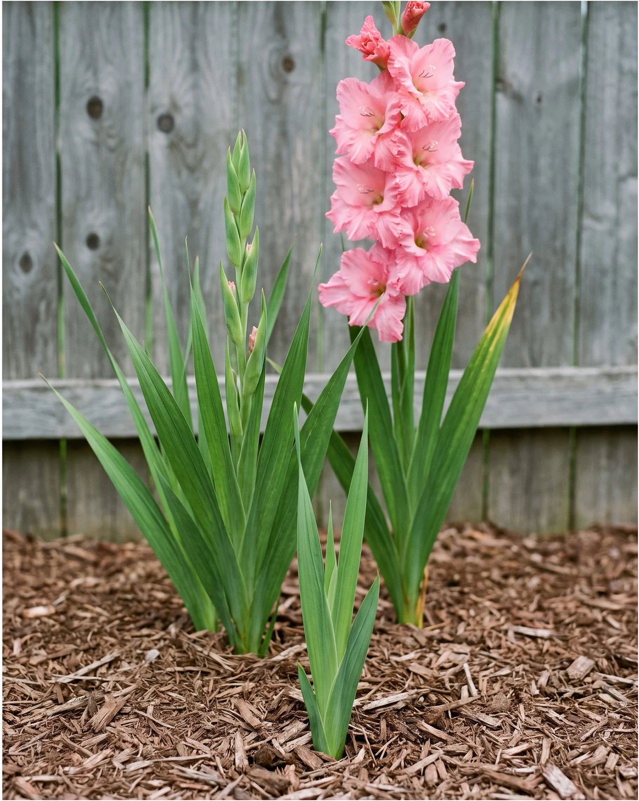 Three stages of gladiolus in one bed: a just-sprouted corm, a leafy clump with a bud spike and a spike in full bloom