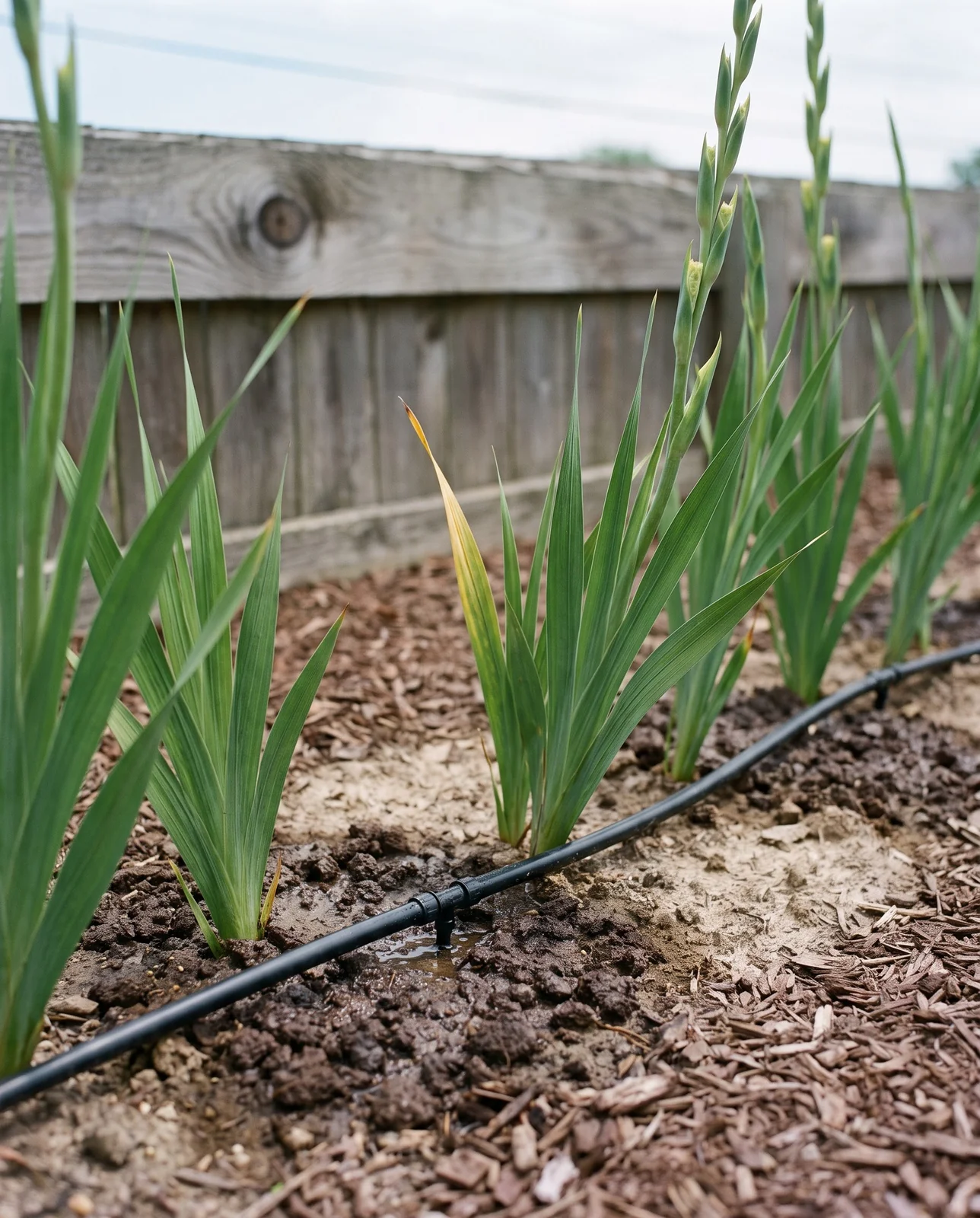 A drip line running along a mulched gladiolus row with dark wet soil around the bases of the leaves