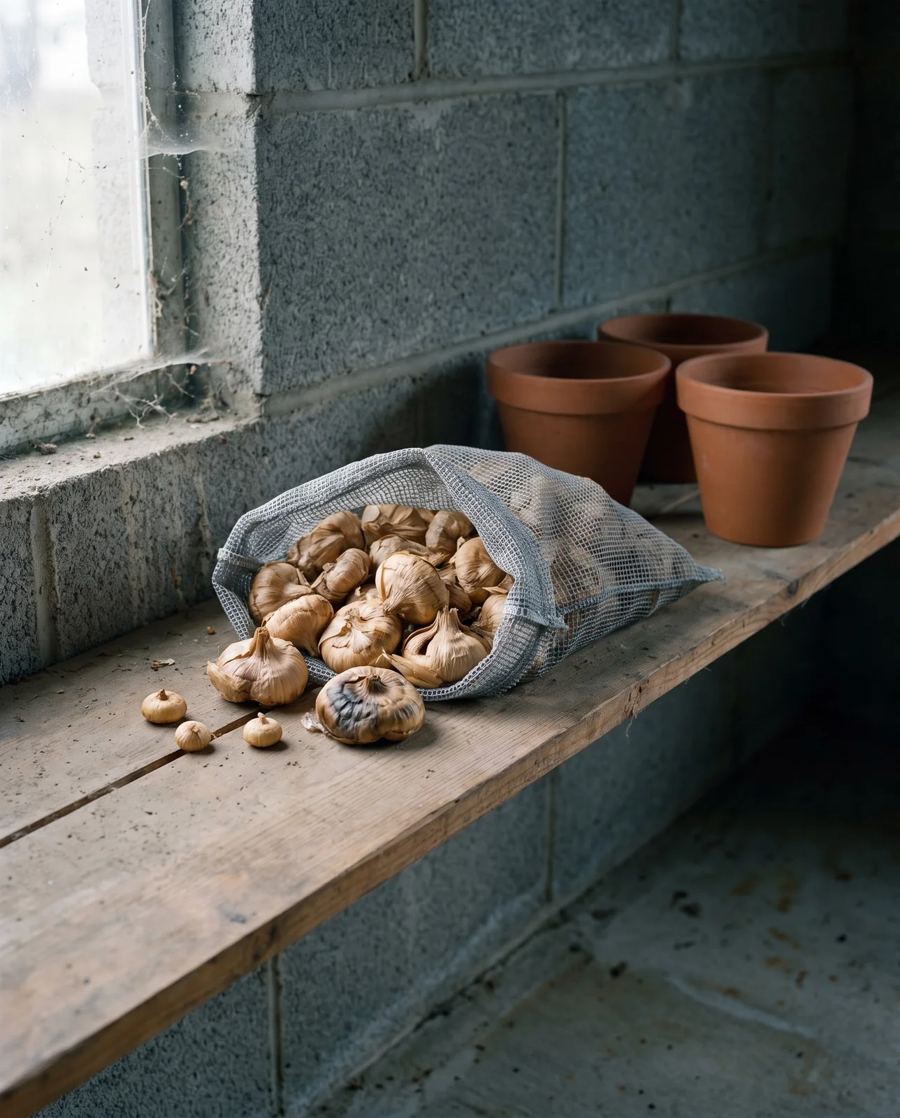 Dried gladiolus corms in an open mesh bag on a cool garage shelf in winter beside unmarked clay pots