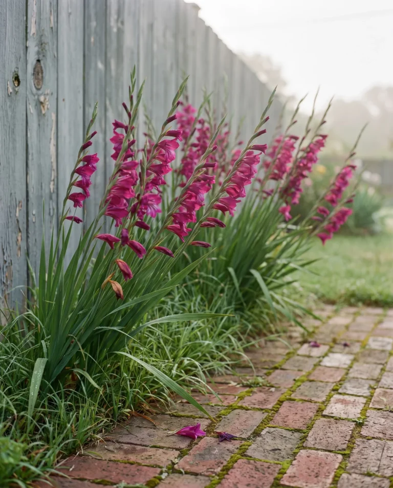 Byzantine gladiolus with magenta florets on slender spikes naturalized in a grassy Southern bed in spring