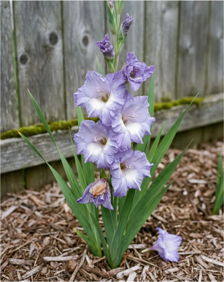 Caribbean gladiolus with lavender-blue florets and a white throat on a tall spike in a garden bed