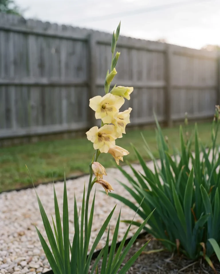 Carolina Primrose gladiolus with small soft yellow hooded florets on a slender spike in a Southern garden