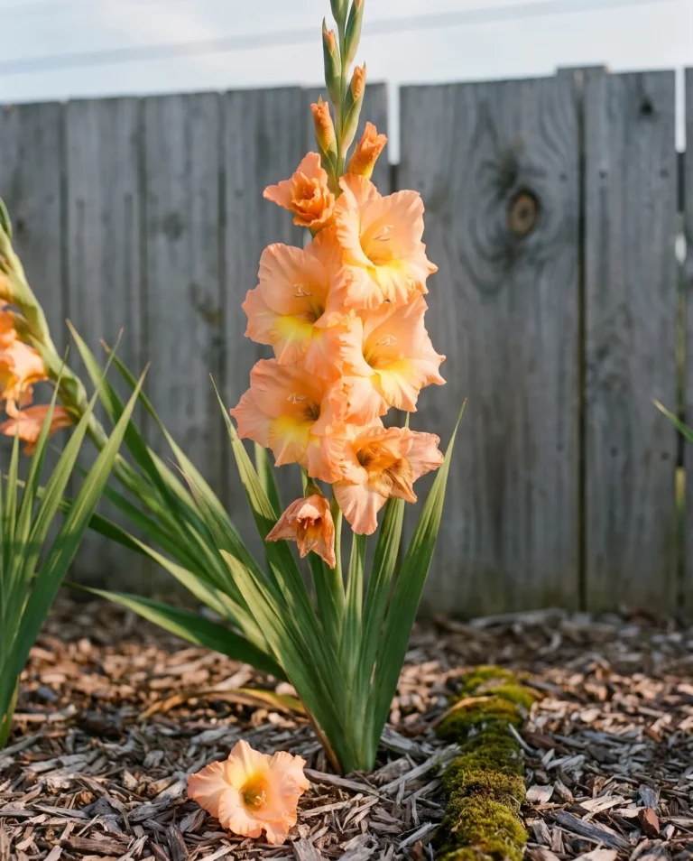 Dream's End gladiolus with soft orange florets and a yellow throat on a tall spike in a cutting row