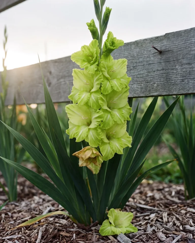 Green Star gladiolus with lime-green ruffled florets on a tall spike in a cutting garden row
