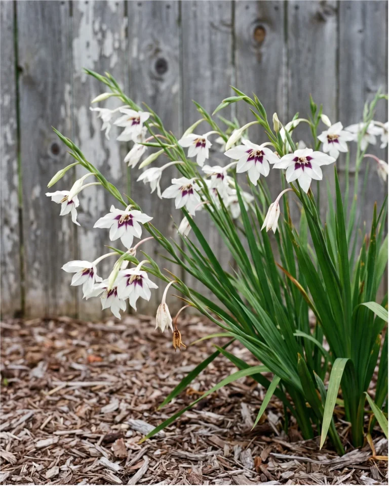 Abyssinian gladiolus with white nodding star-shaped florets marked purple at the center on arching stems