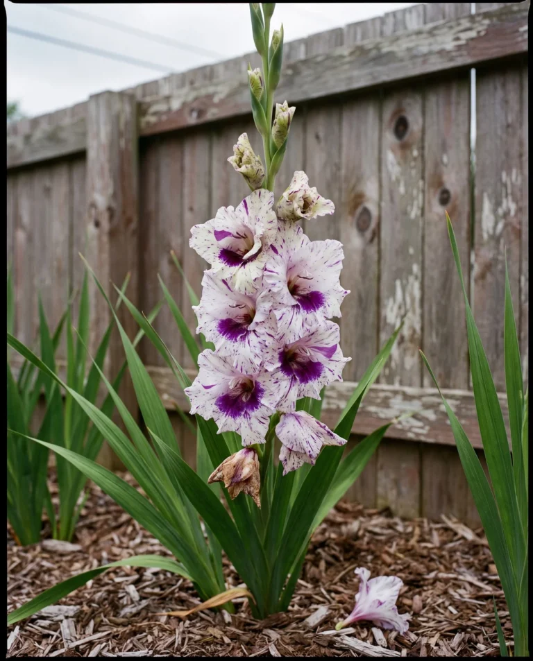 Passos gladiolus with white florets splashed purple and a deep purple throat on a tall spike