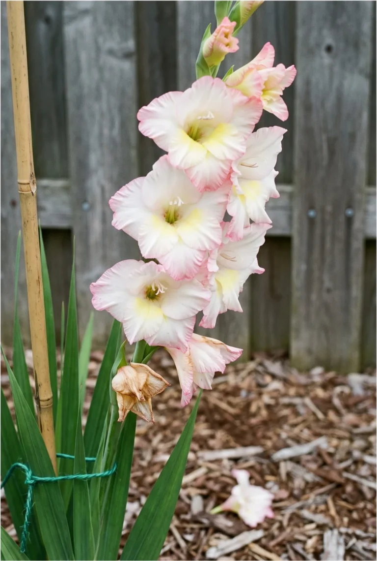 Priscilla gladiolus with white ruffled florets edged in pink with a yellow throat on a tall spike