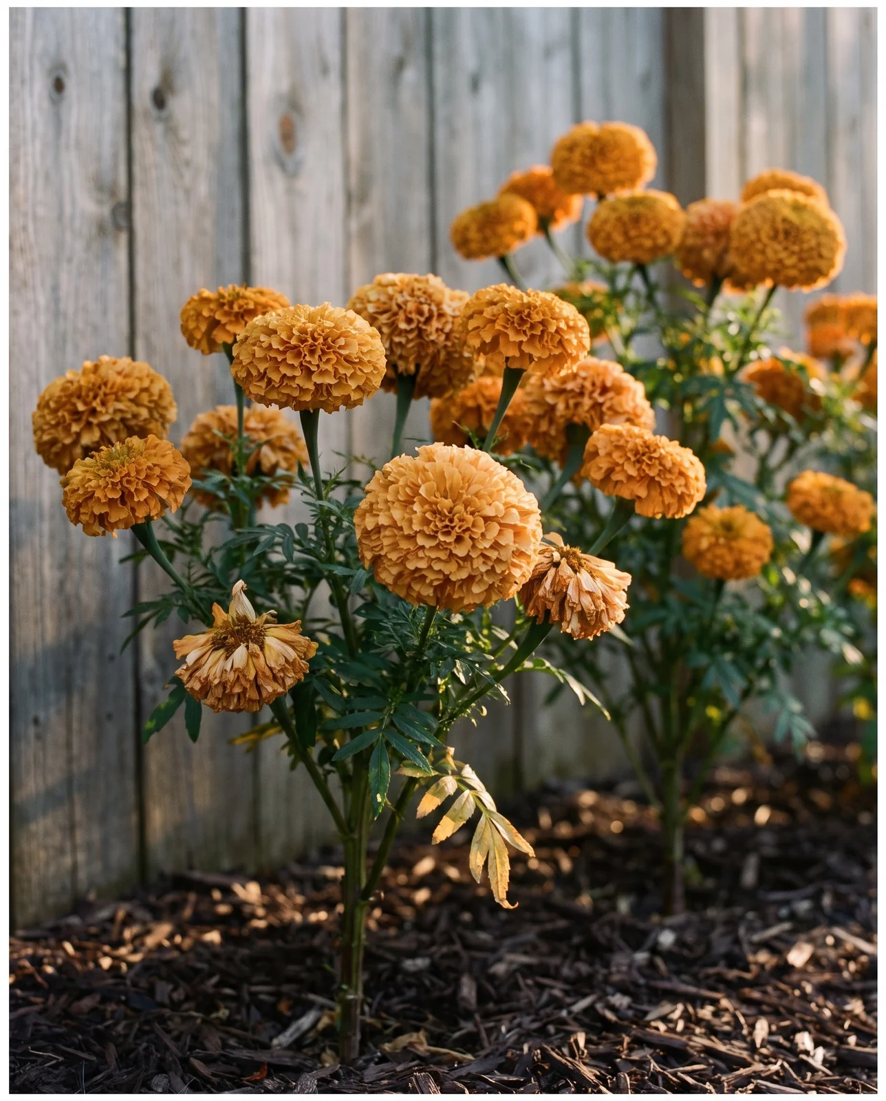 Flowering African marigold plants with large orange blooms in a garden bed.