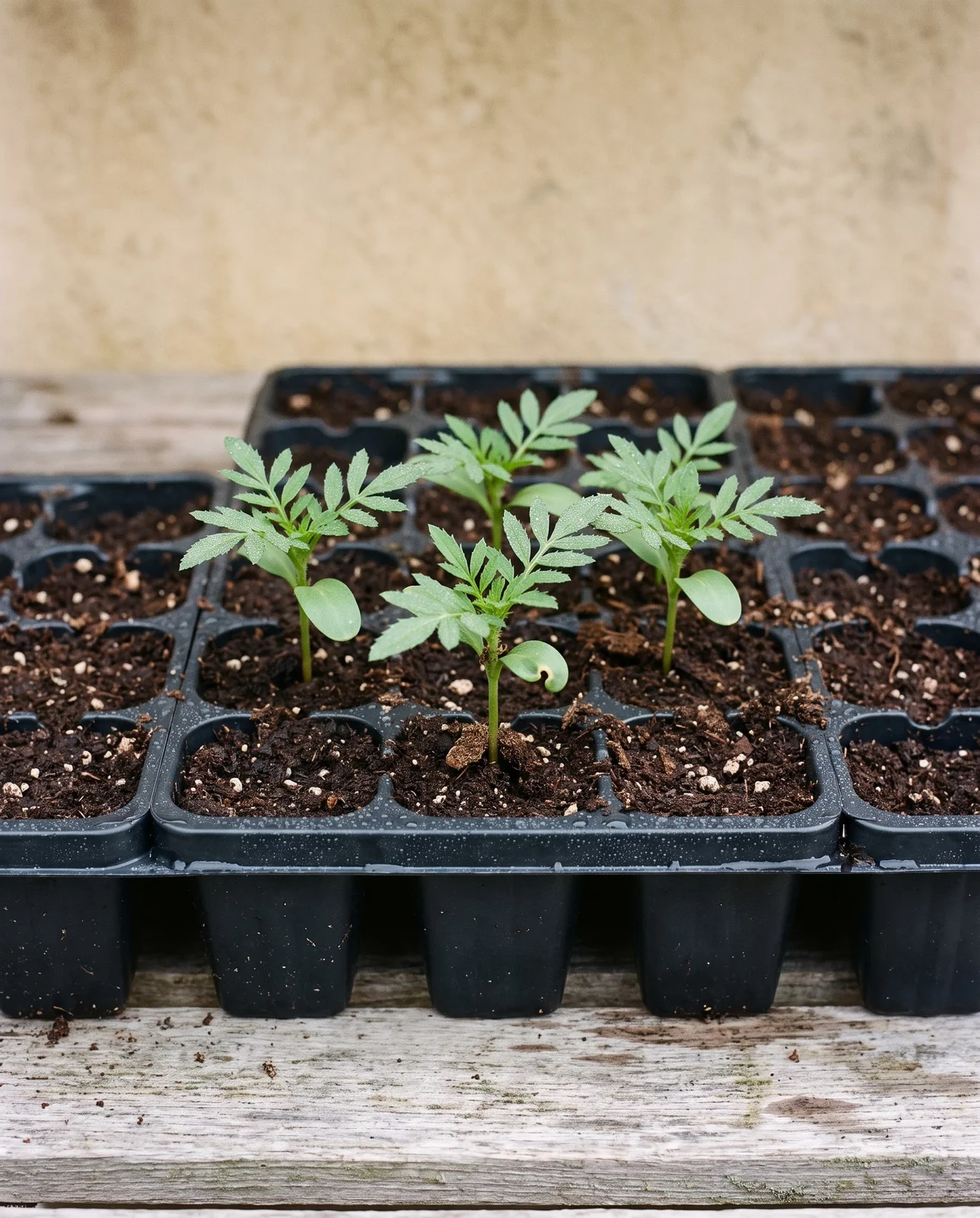 Cempasuchil marigold seedlings in starter cell trays on a wooden bench.