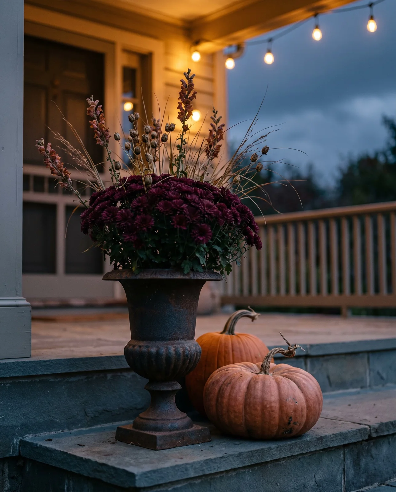 Dark chrysanthemums and dried seed pods in urn on porch steps.
