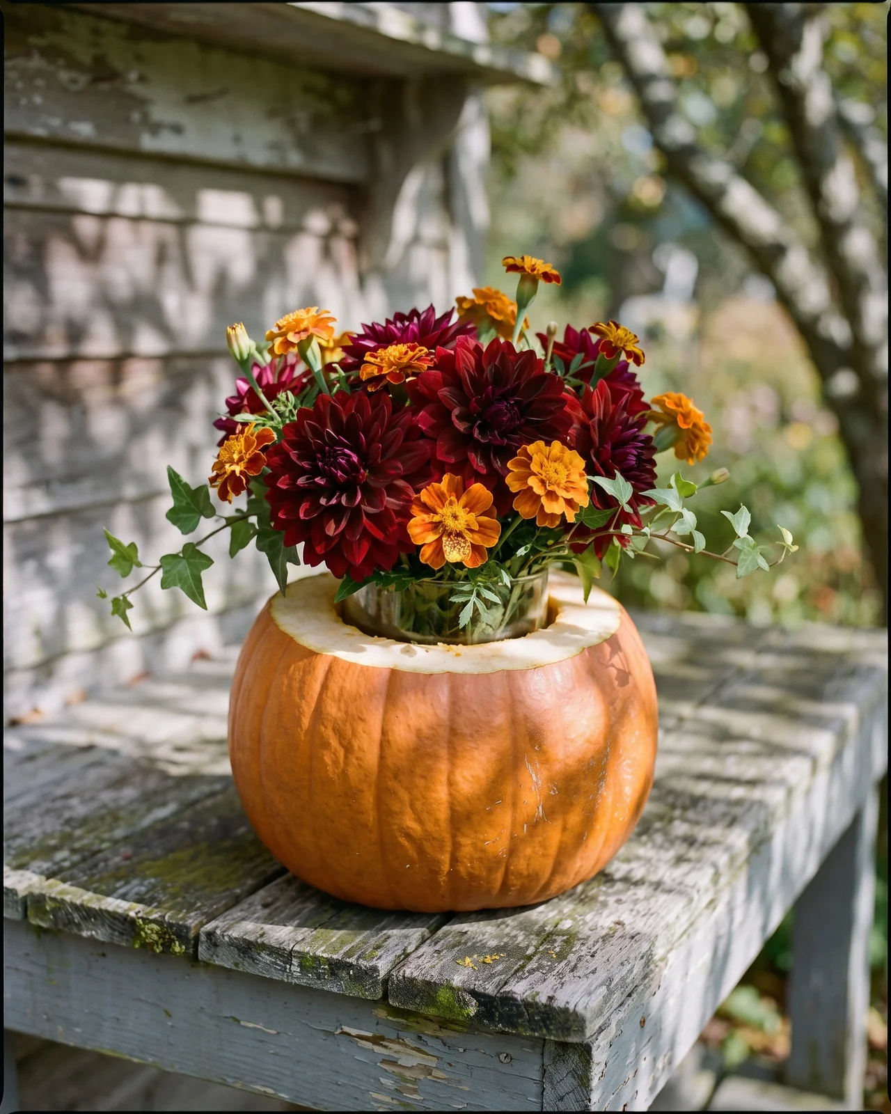 Hollowed pumpkin used as vase with dark dahlias and marigolds.