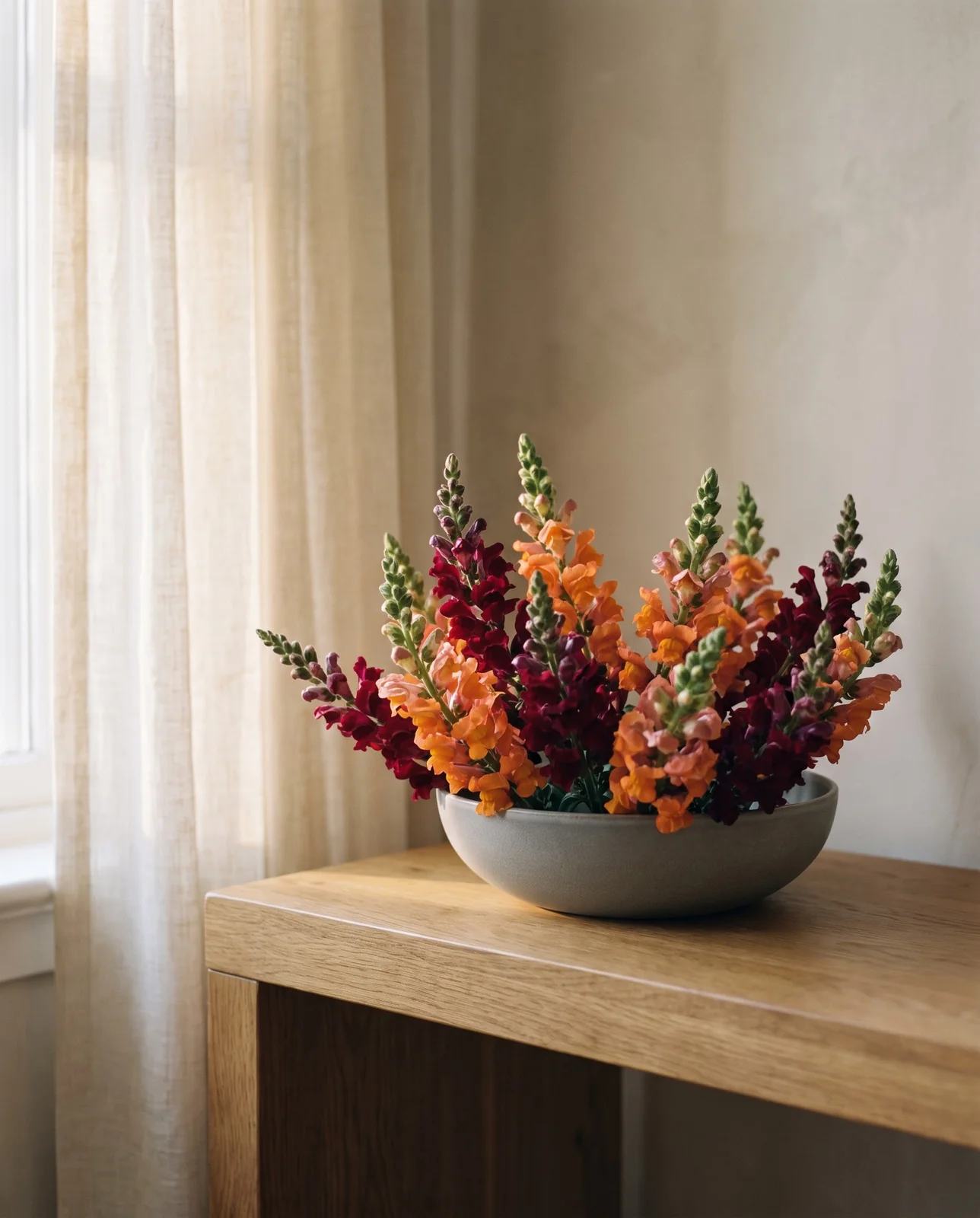 Pet-safe arrangement of orange and burgundy snapdragons on console table.