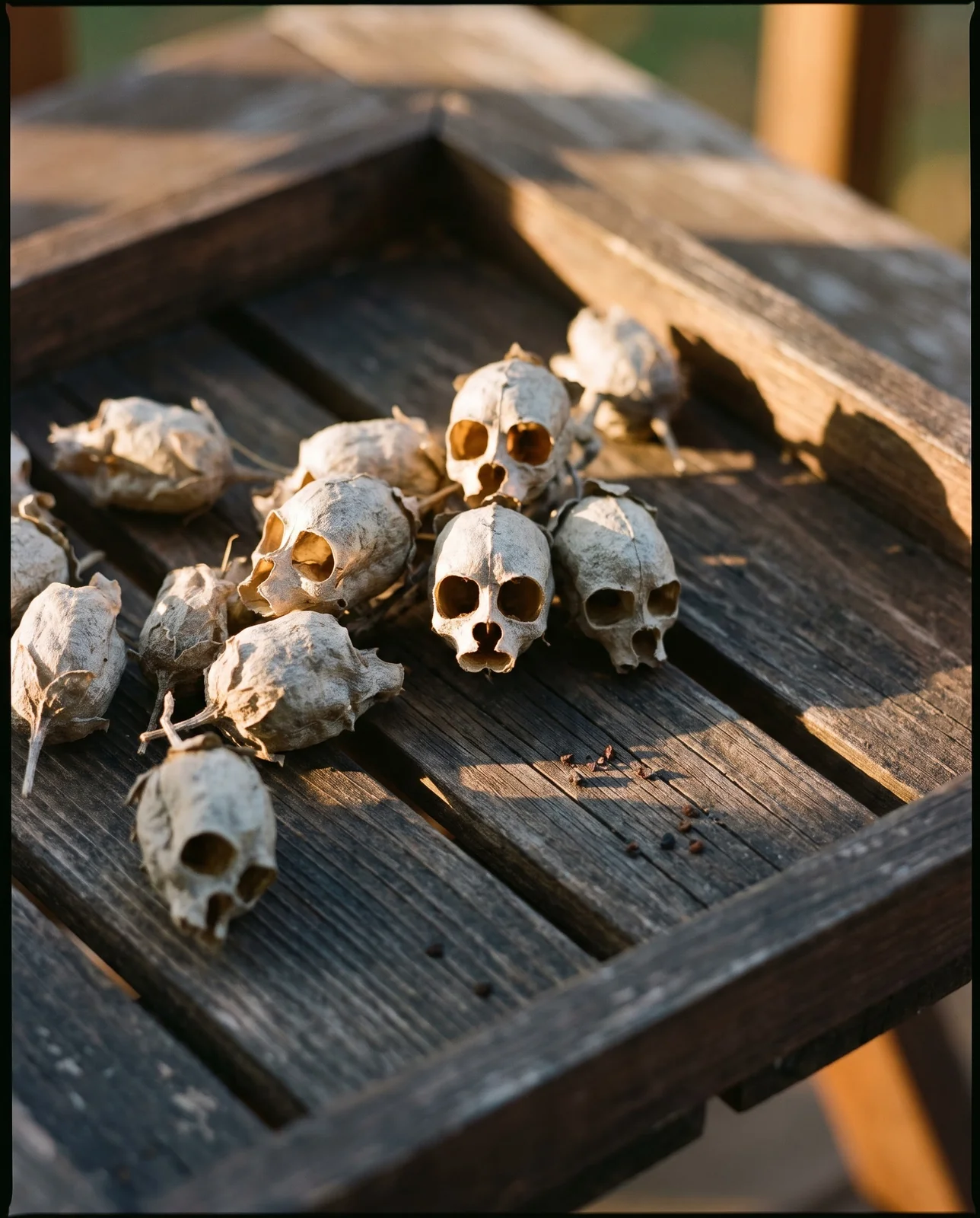 Dried snapdragon seed capsules resembling tiny skulls on rustic wood.