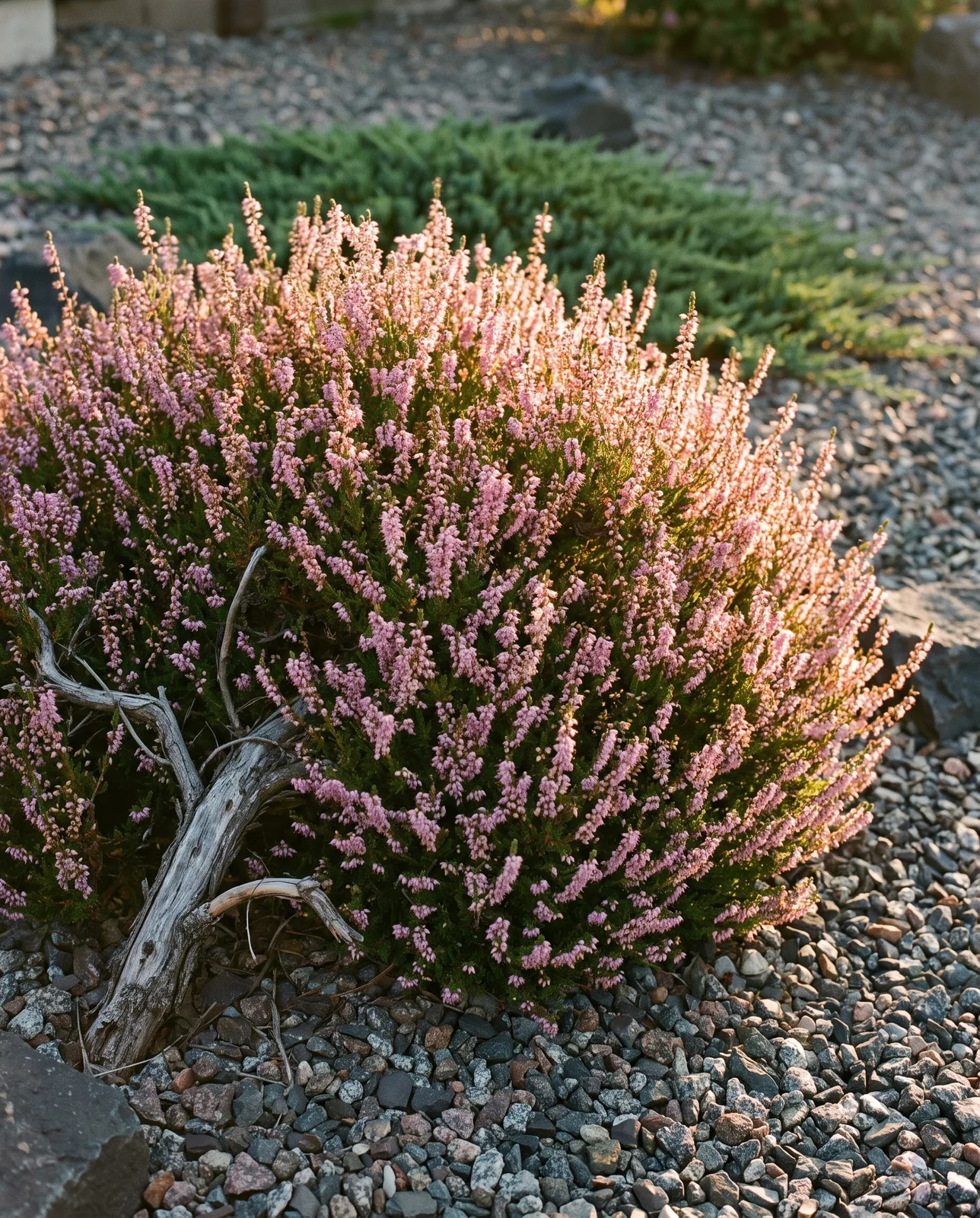 Bloomed heather mound growing in gravel mulch rock garden at dusk