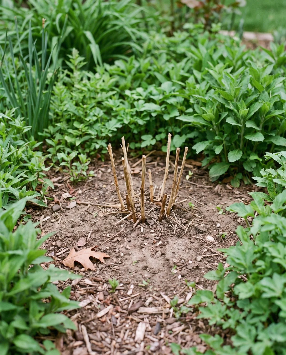 A bare patch of garden soil in late spring holding only short cut stubs of last year's hardy hibiscus stems