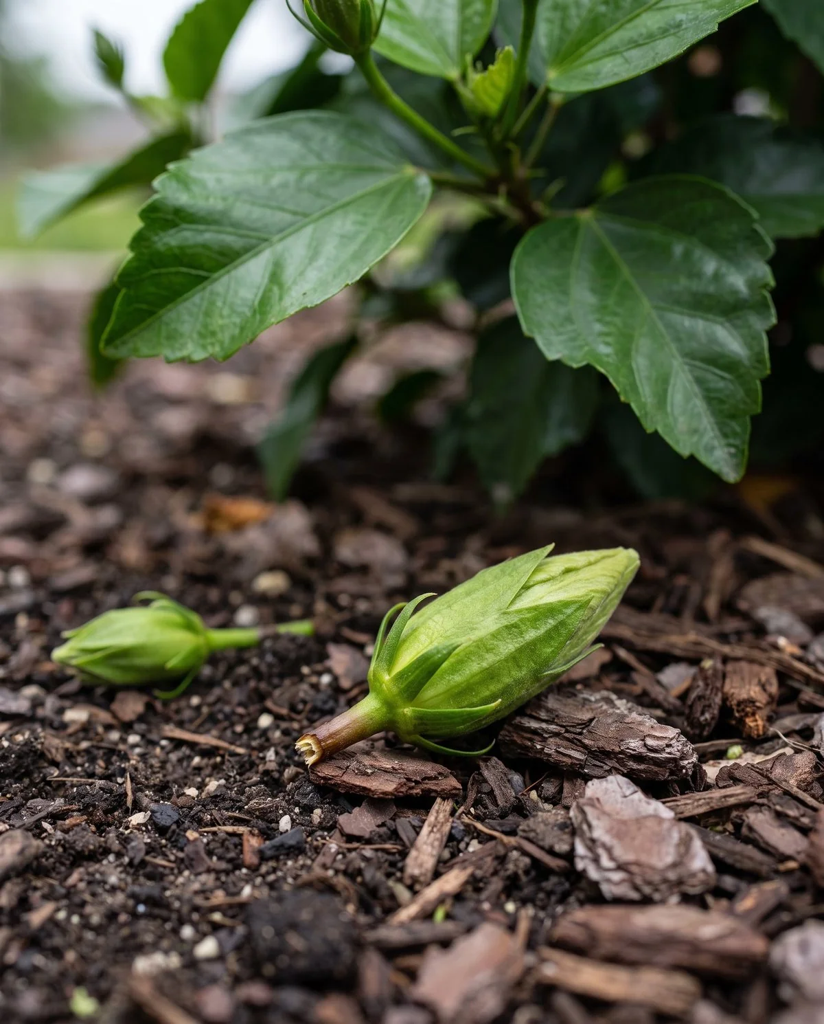 A green unopened hibiscus bud lying on the ground below the plant, having fallen before showing any colour