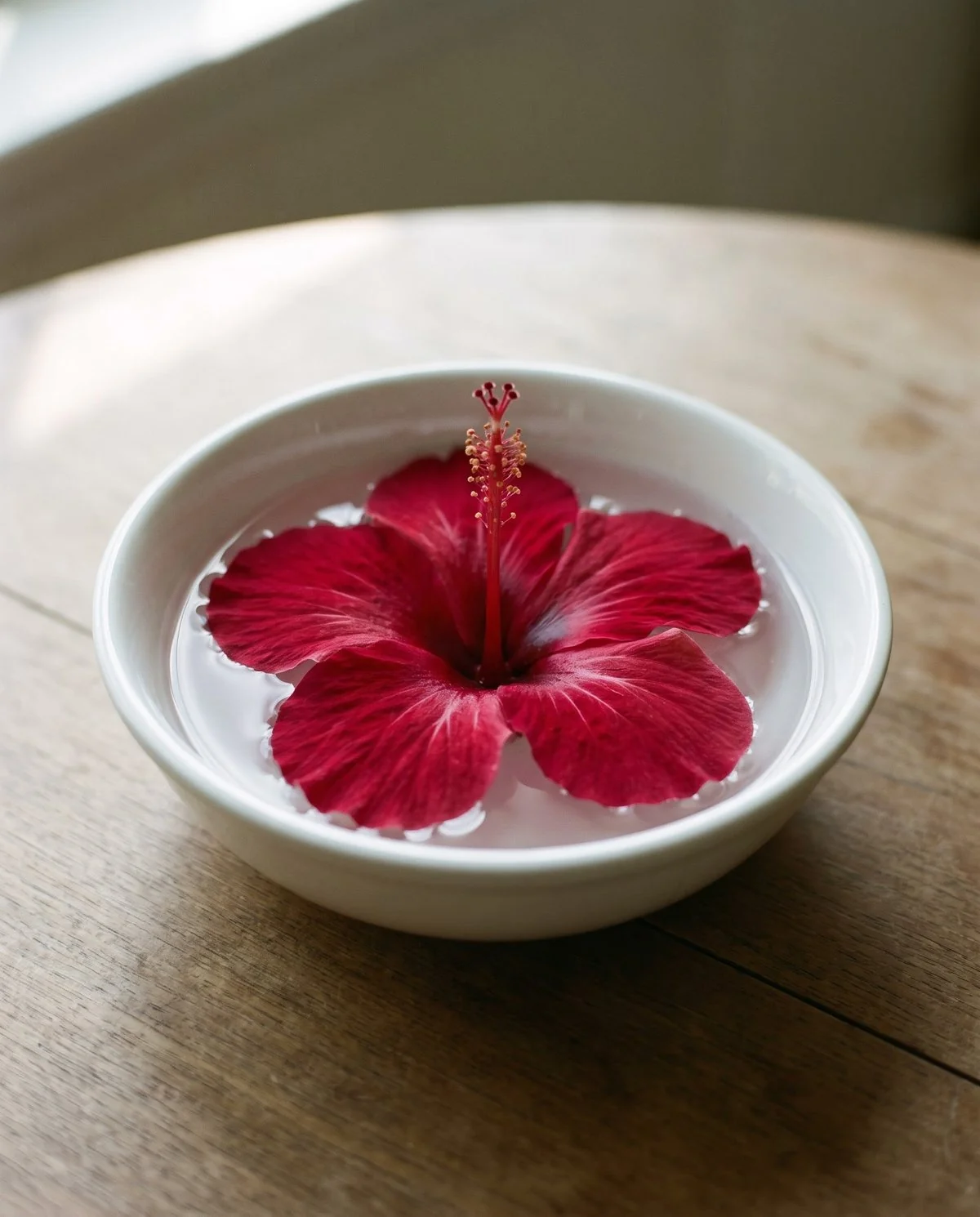A single hibiscus bloom floating face-up in a shallow bowl of water on a plain table
