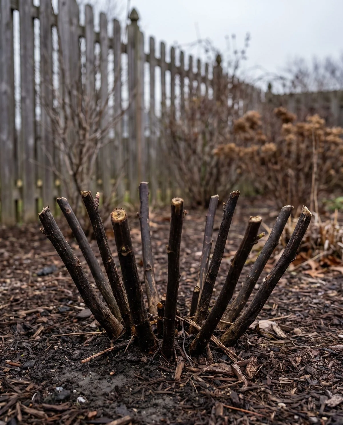A hardy hibiscus cut back to short stubs about six inches high with nothing standing above them