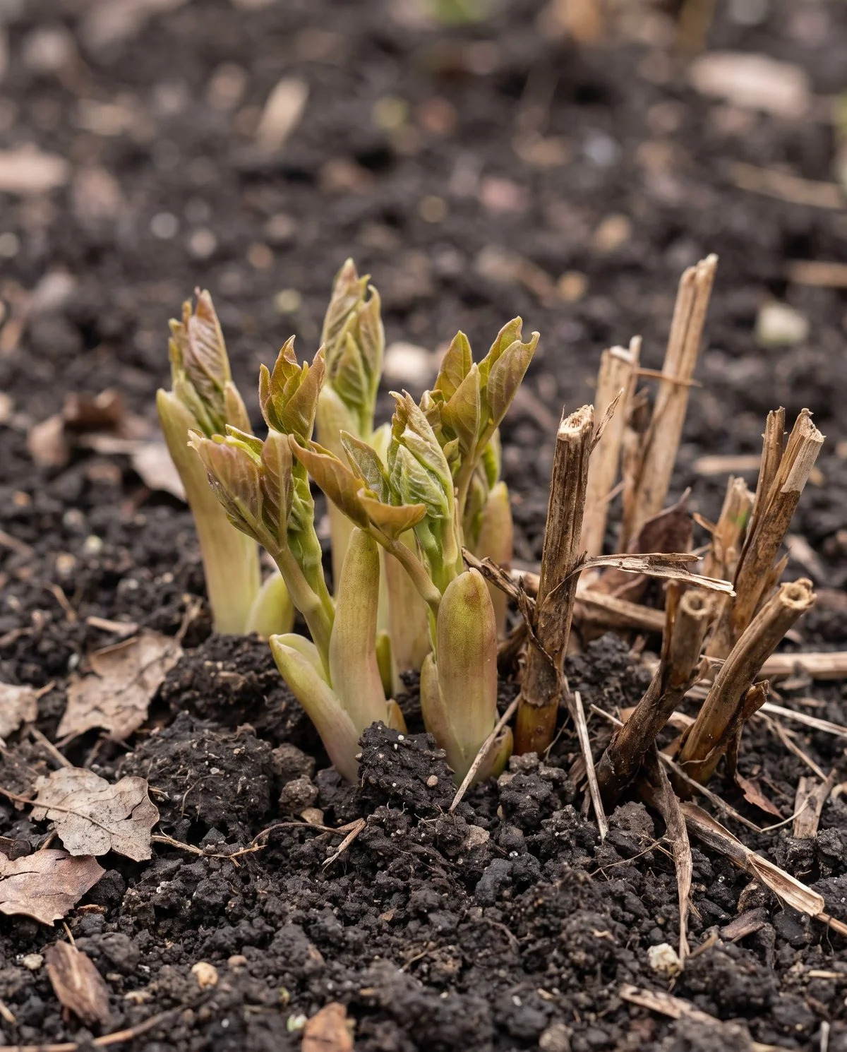 Thick pale hibiscus shoots pushing up through soil beside last year's cut stubs