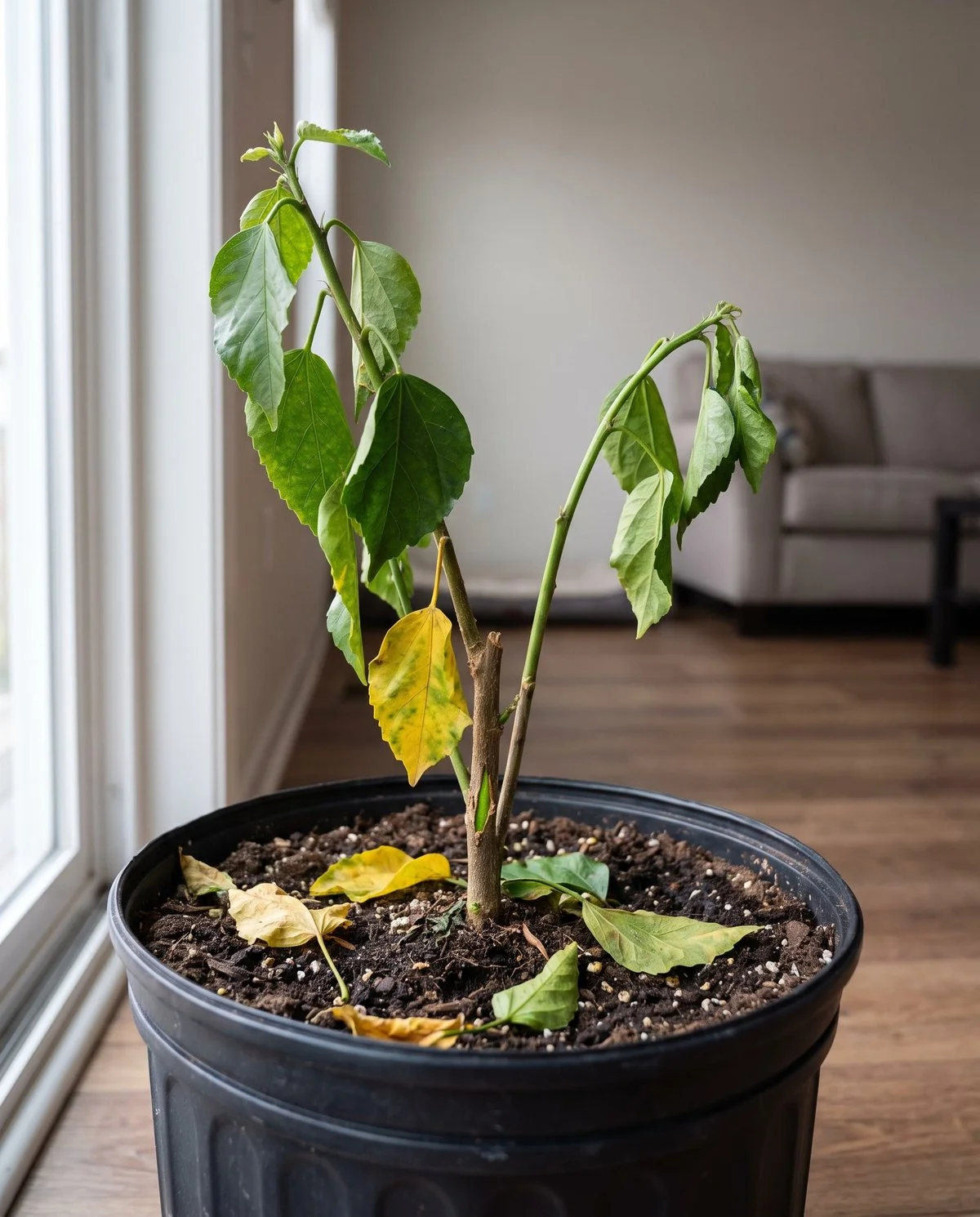 A recently repotted tropical hibiscus drooping with a few yellow leaves, its stem scratched to show green underneath