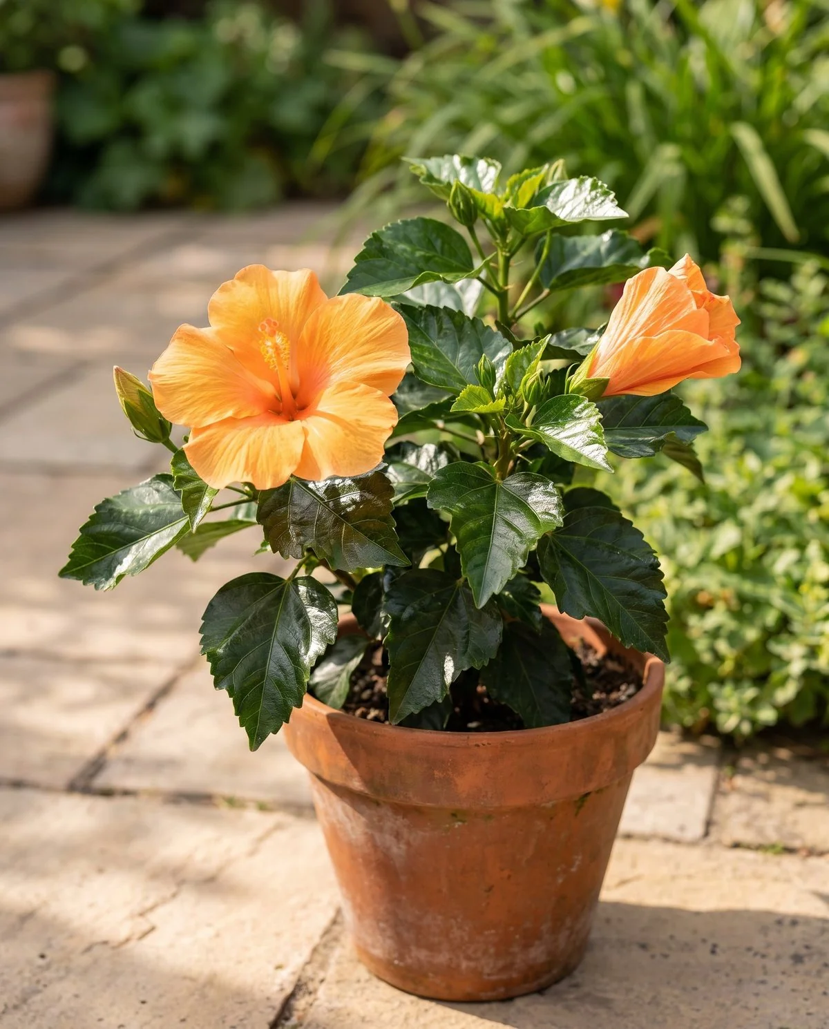 A potted tropical hibiscus with glossy leathery dark leaves and a wide single orange trumpet flower