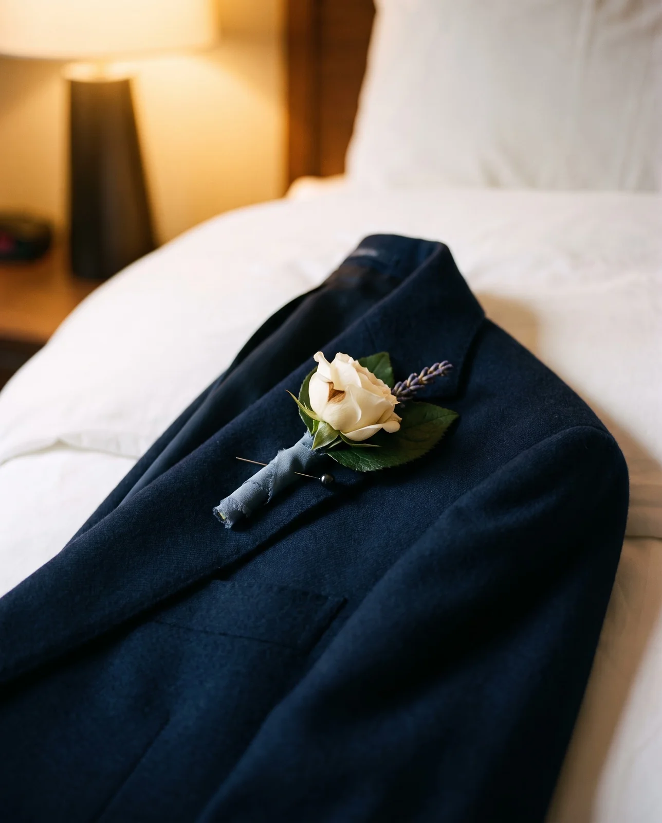 Single white rose boutonniere pinned to a navy blue suit blazer lapel.
