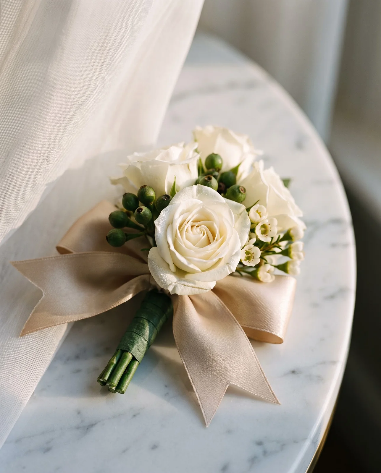 Macro detail of white spray roses and satin ribbon on marble table.