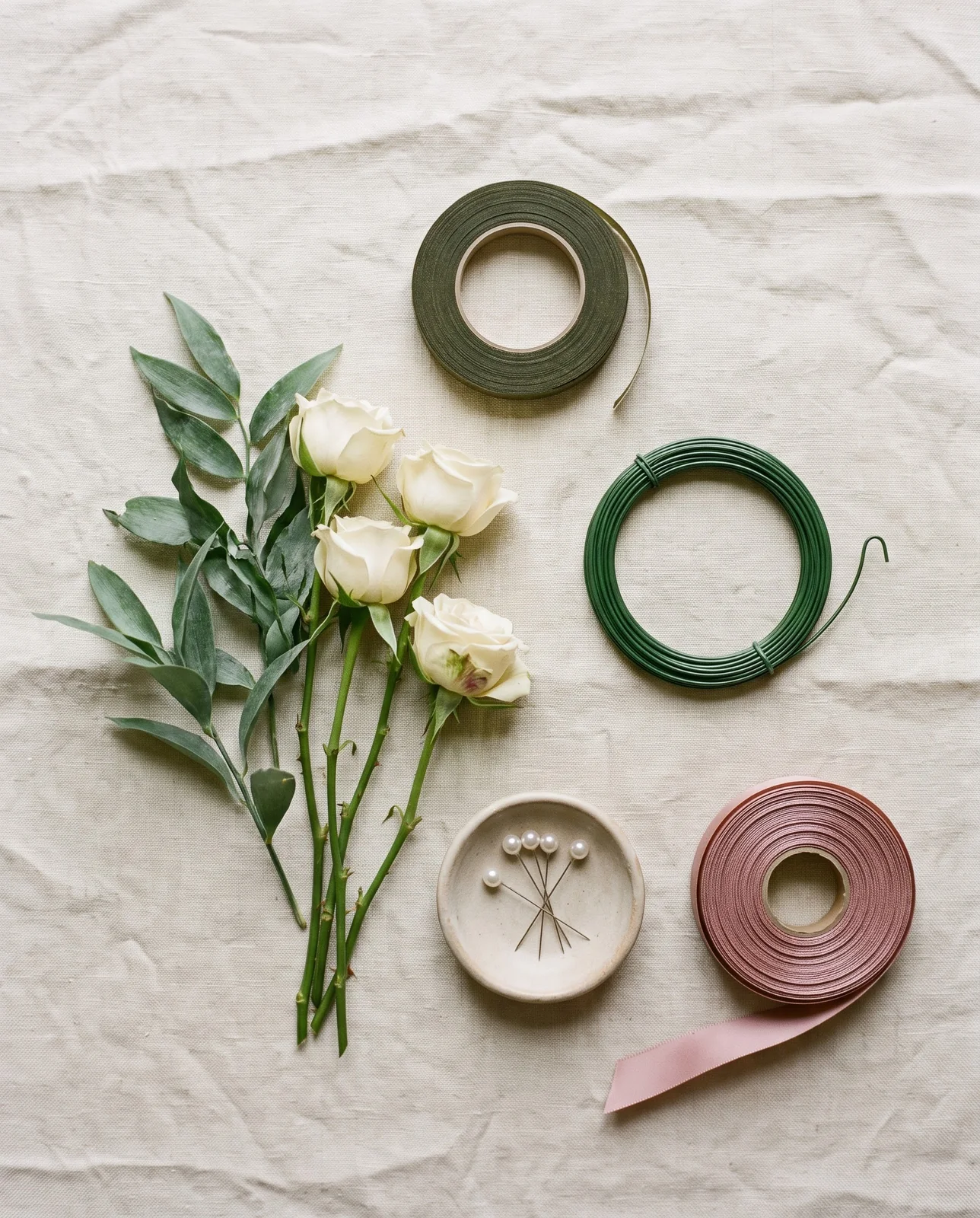 Floral tape, wire, ribbon, pins, and trimmed rose stems on linen cloth.