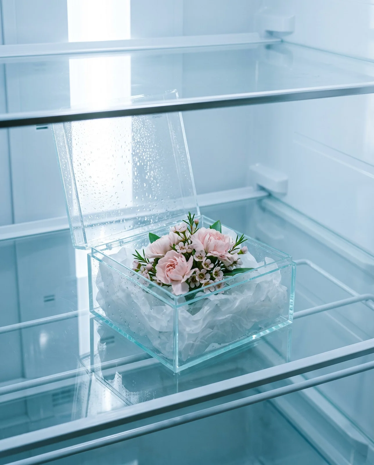 Clear plastic corsage container with fresh wristlet resting on refrigerator shelf.