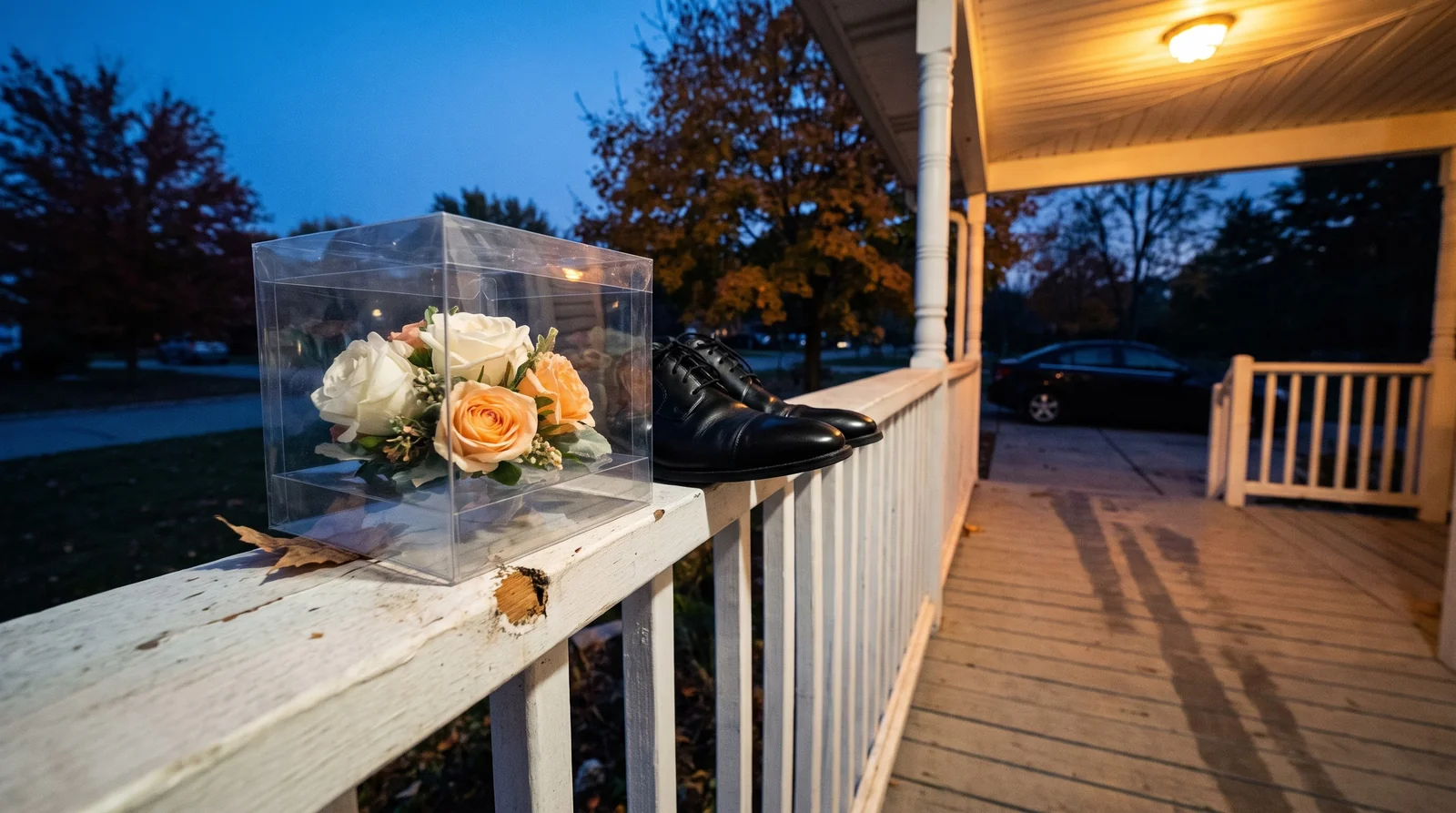 Clear corsage box and dress shoes on wooden porch railing at dusk.