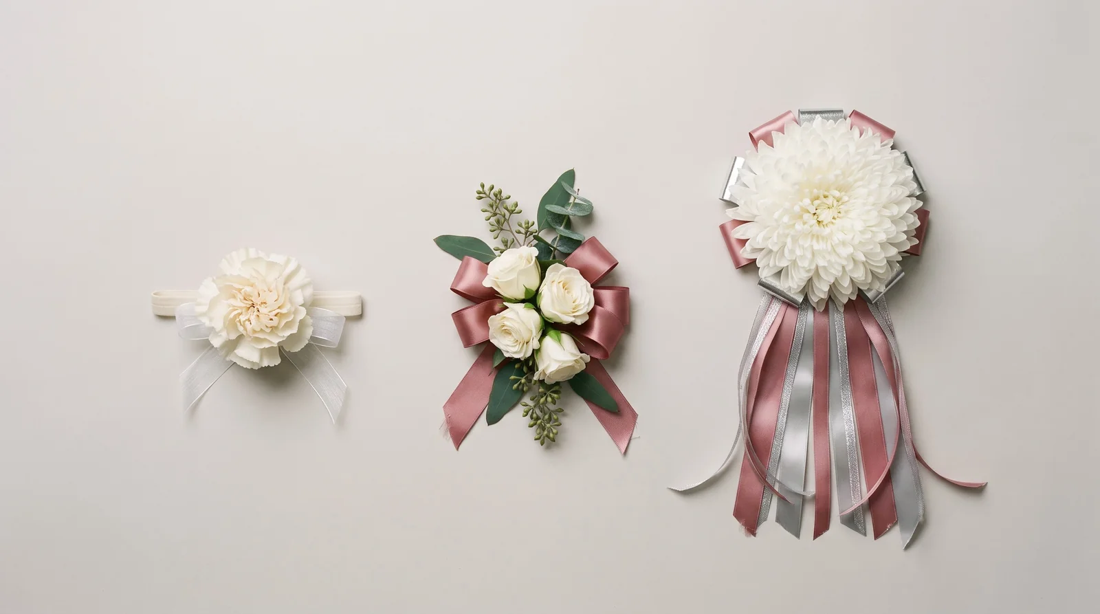 Three homecoming corsage styles displayed side by side on grey background.