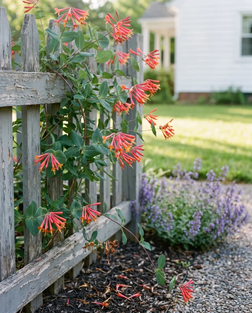 Coral trumpet honeysuckle in full bloom climbing a weathered wooden fence in June with red tubular flowers