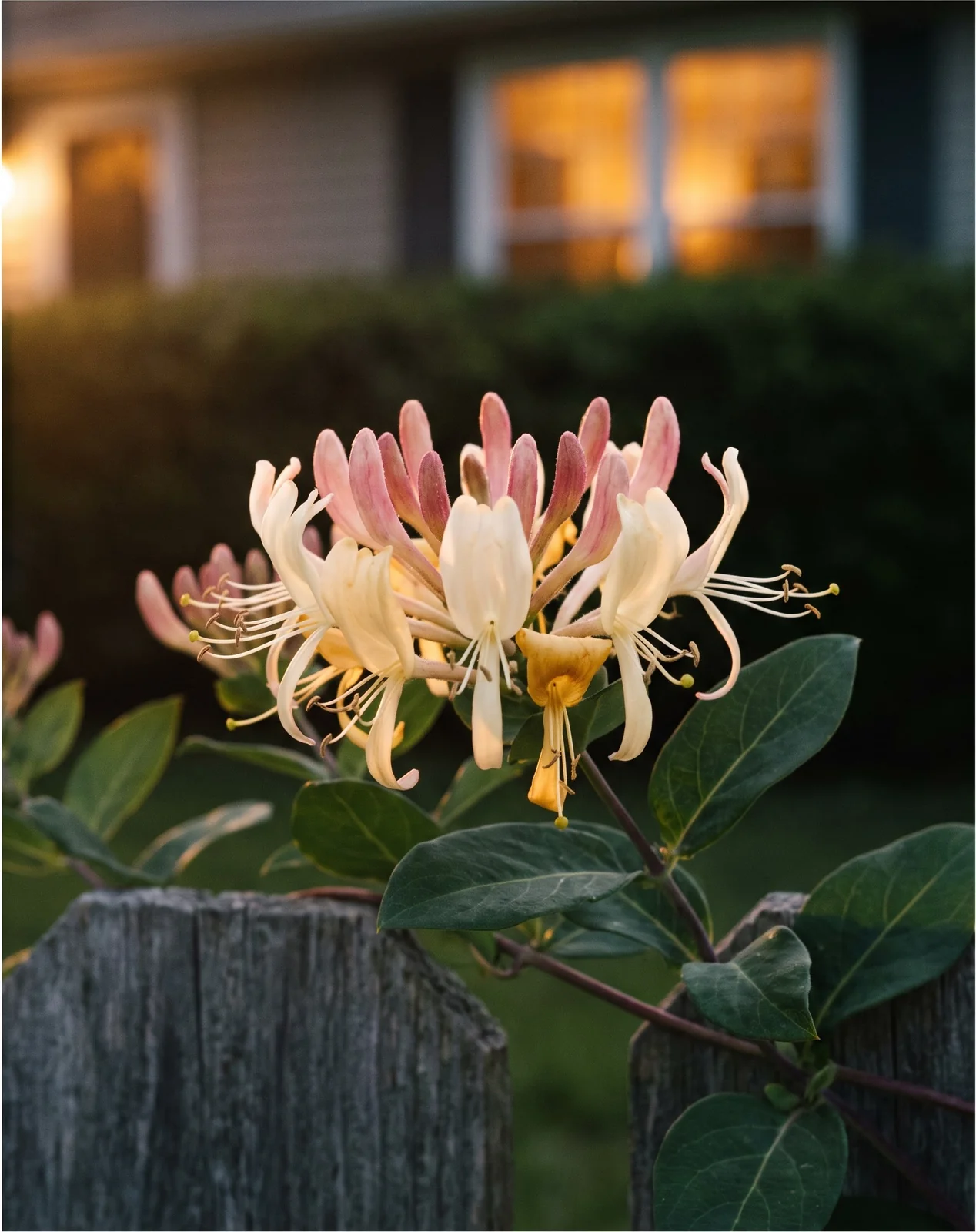 A cluster of pale fragrant honeysuckle flowers opening at evening with curled lips and long stamens