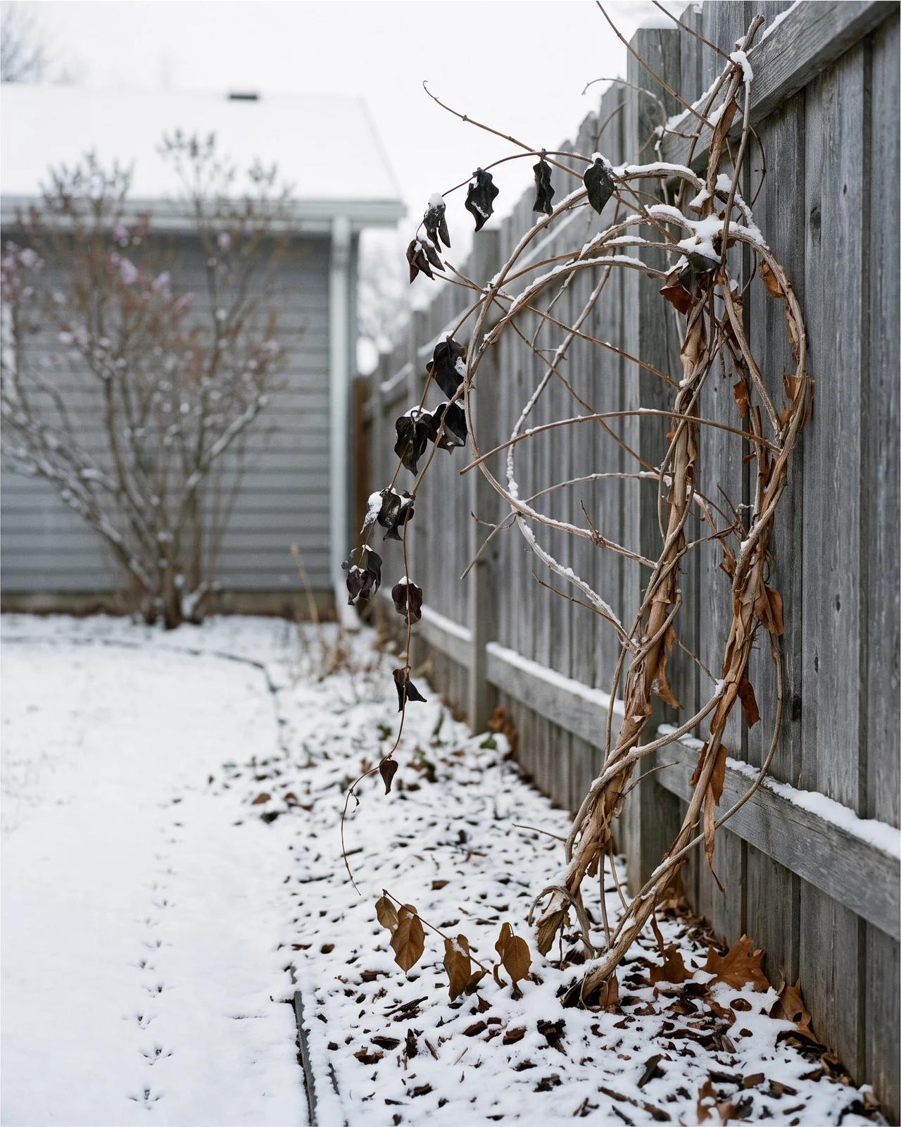 A leafless honeysuckle vine on a fence under fresh snow with a few dark leaves still hanging on in winter