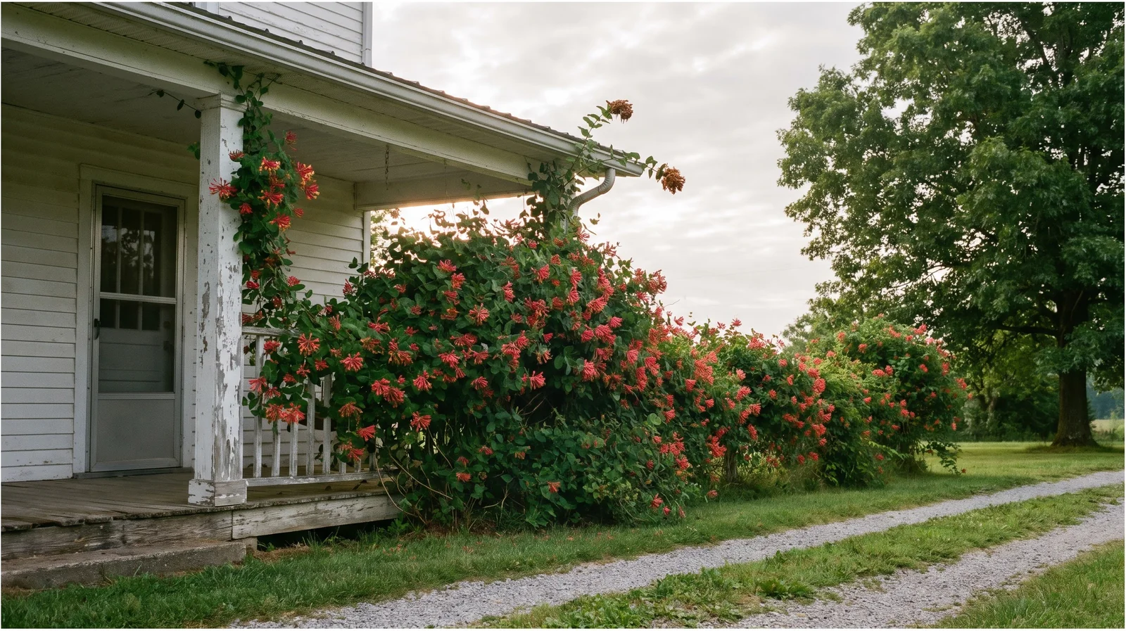 Wide view of a mature honeysuckle covering a porch railing and post up to the roof edge of a farmhouse