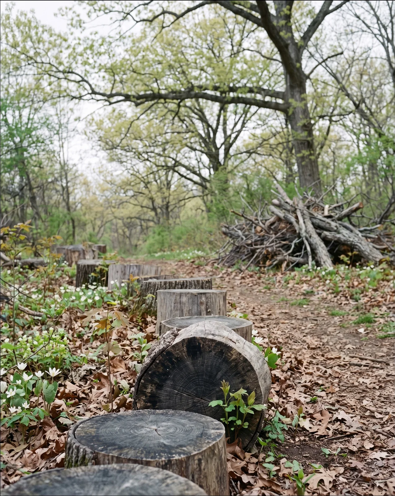 Cut bush honeysuckle stumps along a woodland trail with spring wildflowers returning around them
