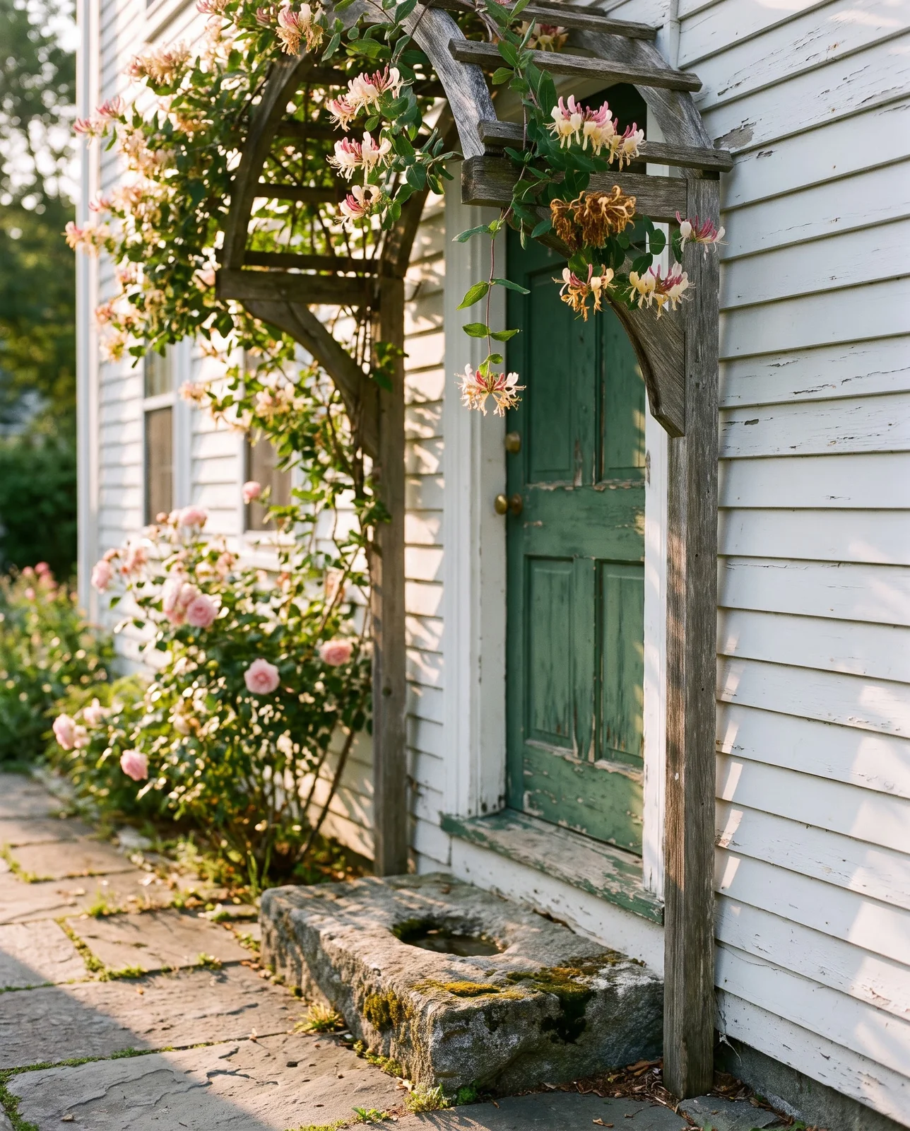 Honeysuckle blooming around a cottage doorway with a worn stone step in evening light