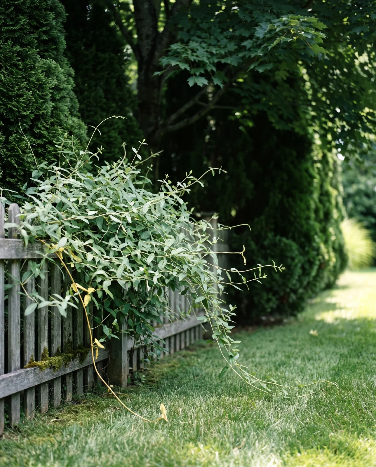 A lush leafy honeysuckle vine with no flowers growing in the shade of a tall hedge in June