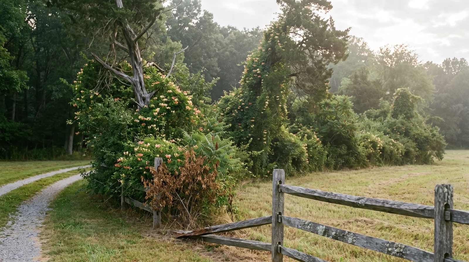 Wide view of a summer hedgerow and woods edge with honeysuckle climbing through shrubs and trees in the Southeast