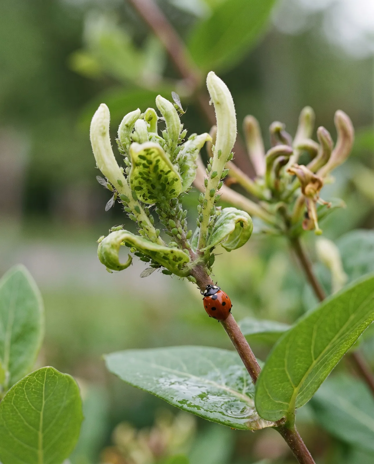 Honeysuckle shoot tips curled and crowded with green aphids and a ladybug on a leaf in late spring